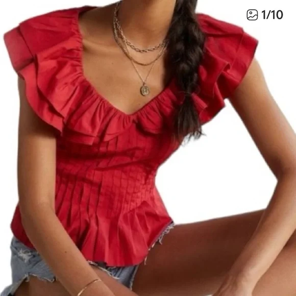 Anthropologie Forever That Girl Pintucked Ruffle Red Blouse Shirt ruffle medium - Picture 1 of 4